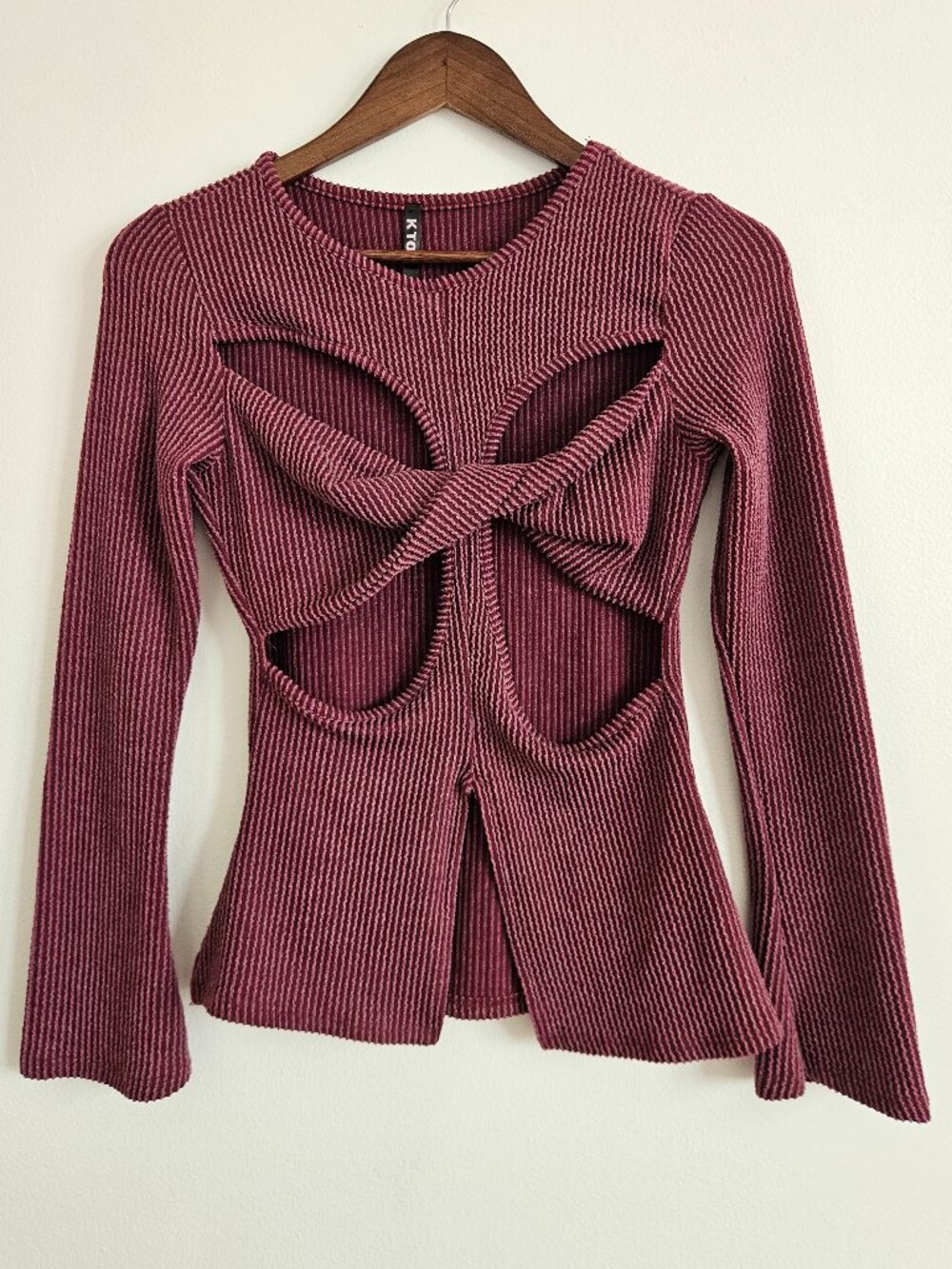 K Too Maroon Textured Long Sleeve Top S Small Cut Out Funky Sexy Top